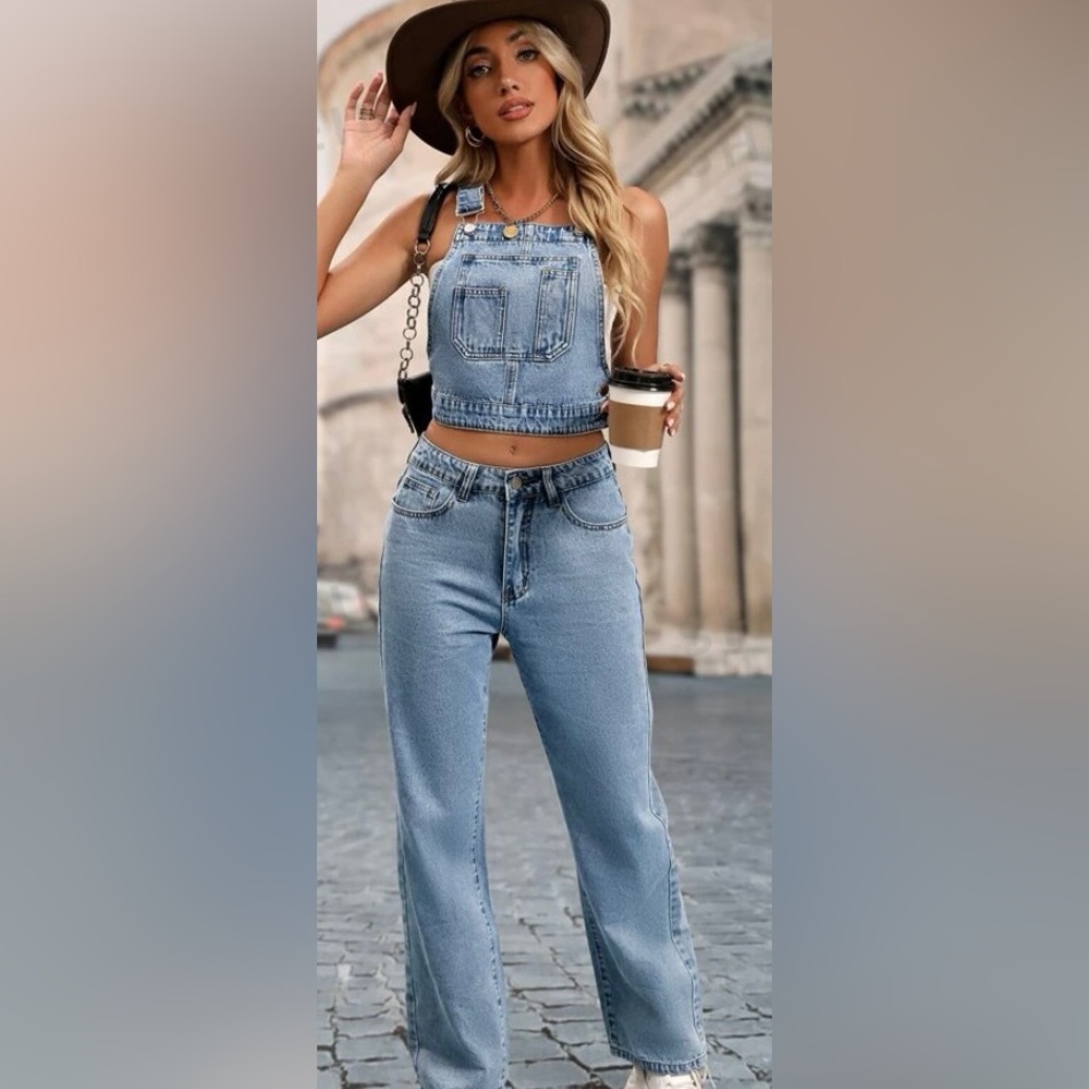 Denim overall crop top and matching denim jeans XL